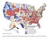 Public Use Microdata Area (PUMA) level thematic choropleth map showing three categories of number of PCA workers per 1,000 people with a self-care disability.