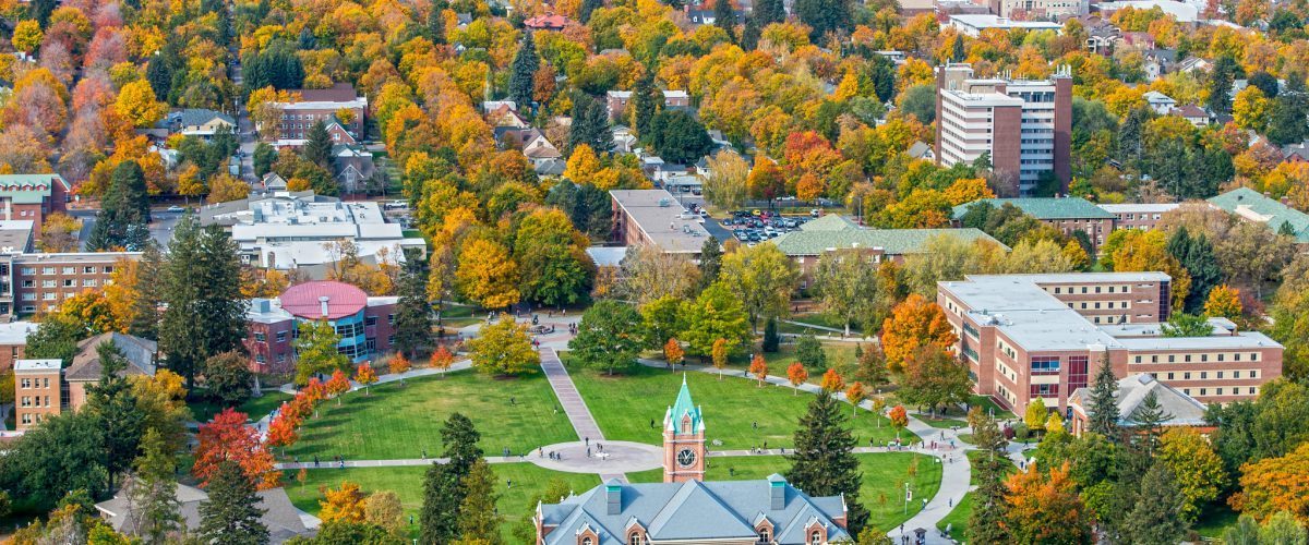 Aerial view of the University of Montana campus in the fall