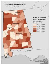 Map of the state of Alabama shows rates of disability among veterans aged 18 and older by county.  Rates are broken into four categories: 24.5 to 30.9%, 31.0 to 34.9%, 35.0 to 37.8%, and 37.9 to 47.4%.